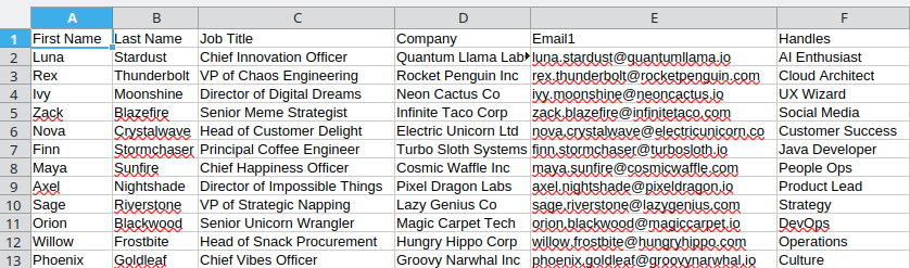 Extracted contacts spreadsheet